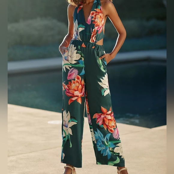 Anthropologie Pants - Maeve Anthropologie Floral Halter Jumpsuit wide leg size 10 US summer resortwear